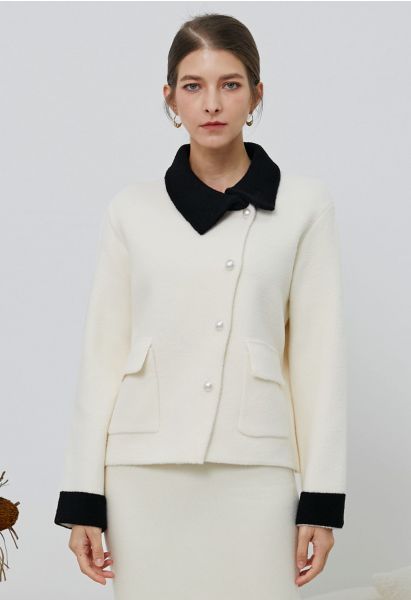 Contrasting Trim Flap Pocket Buttoned Knit Coat in White