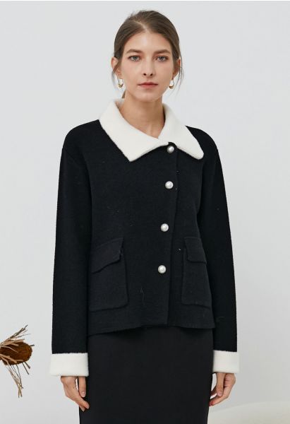 Contrasting Trim Flap Pocket Buttoned Knit Coat in Black