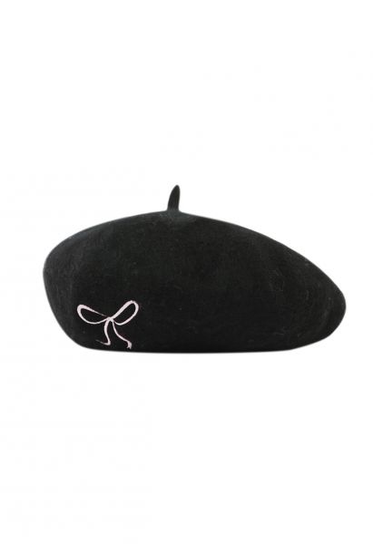 Embroidered Bowknot Wool-Blend Beret in Black