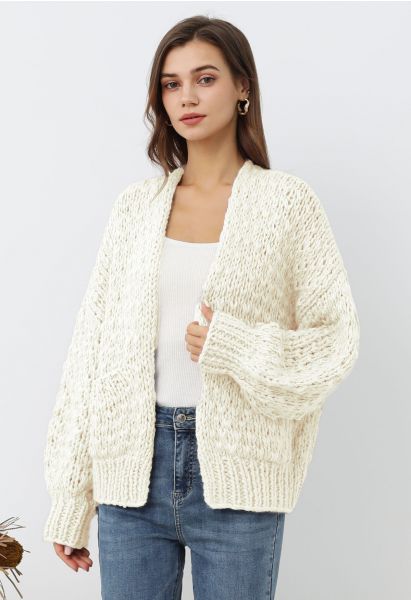 Chunky Hand Knit Patch Pocket Open Front Cardigan in White