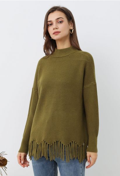 Asymmetric Fringe Hem Drop Shoulder Knit Sweater in Olive