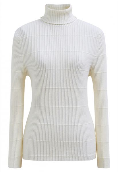 Softness Turtleneck Ribbed Texture Knit Top in White