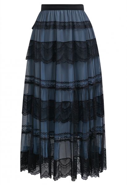 Mysterious Lace Tiered Mesh Tulle Midi Skirt in Dusty Blue