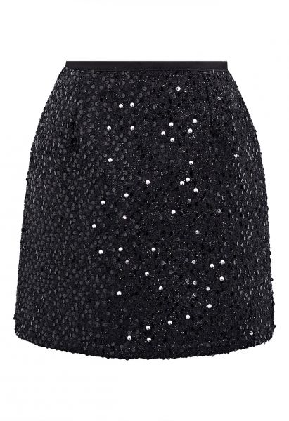 Black Sequin Embellishment Tweed Mini Skirt