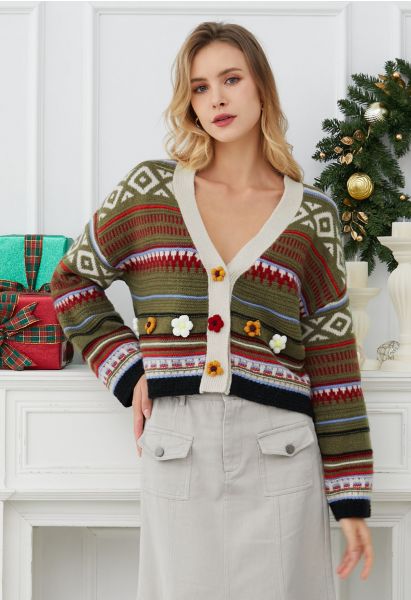 Stitch Flowers Fair Isle Wool Cardigan in Army Green