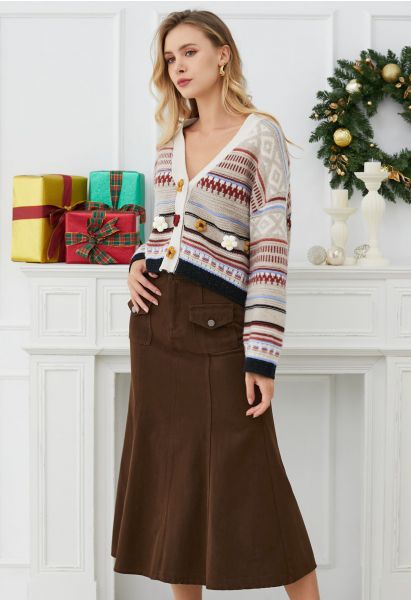 Front Flap Pockets Mermaid Denim Midi Skirt in Brown