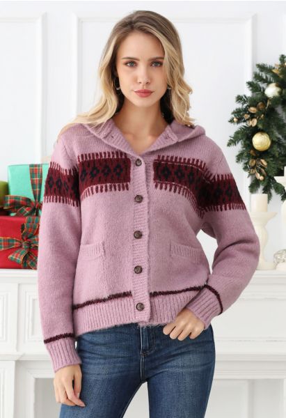 Contrast Fair Isle Buttoned Hooded Knit Cardigan in Lilac