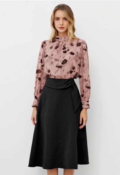 Sash Adorned Split A-Line Midi Skirt in Black