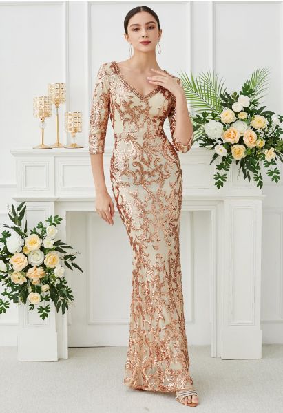 Baroque Sequin V-Neck Mesh Mermaid Gown in Gold