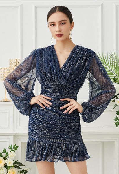 Elegant Sparkle Ruched Mesh Cocktail Dress in Navy