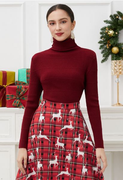 Softness Turtleneck Ribbed Texture Knit Top in Burgundy