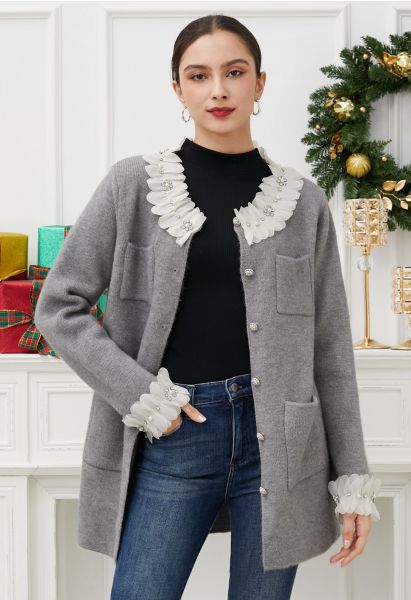 3D Petal Neckline Patch Pocket Knit Cardigan in Grey