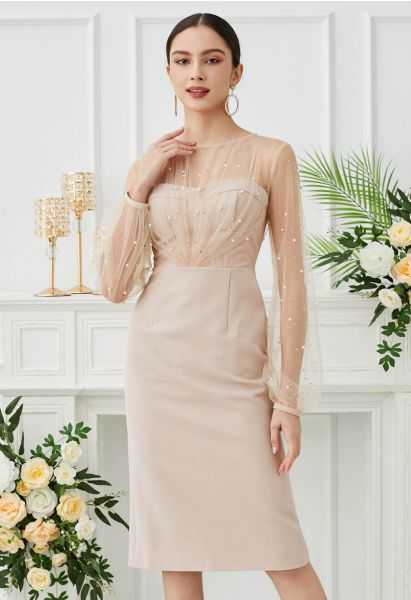 Glamorous Pearl Decor Mesh Spliced Midi Dress in Apricot