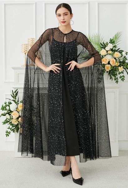 Glittery Mesh Maxi Cape Dress in Black