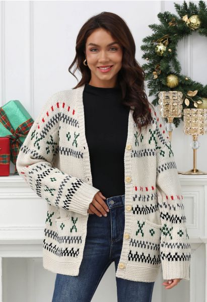 Cozy Fair Isle Button Down Knit Cardigan in Ivory