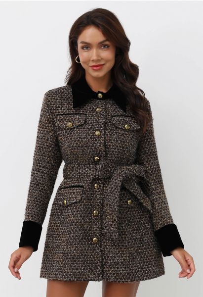 Fuzzy Velvet Spliced Tweed Buttoned Blazer Dress in Brown