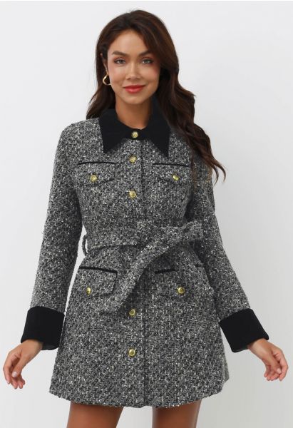 Glitter Velvet Spliced Tweed Buttoned Blazer Dress in Grey