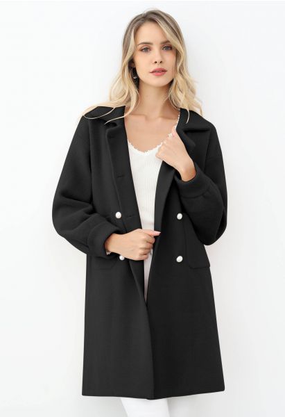 Pearl Double-Breasted Knit Coat in Black