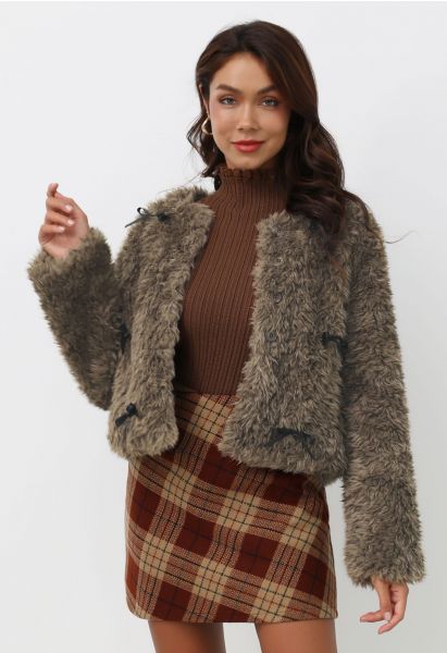 Satin Bowknot Detail Faux Fur Coat in Brown