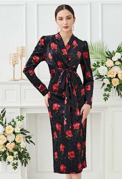 Velvet Floral Printed Tie Sash Midi Dress in Black