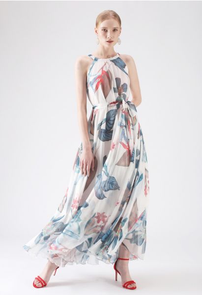 Tropical Floral Watercolor Maxi Slip Dress in White