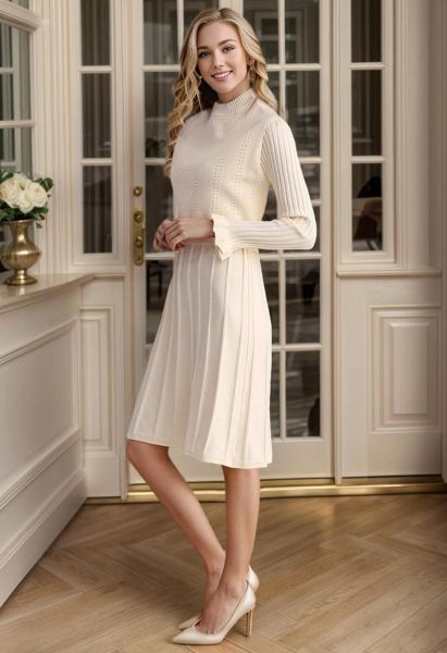 Mock Neck Pleated Knit Twinset Dress in Cream