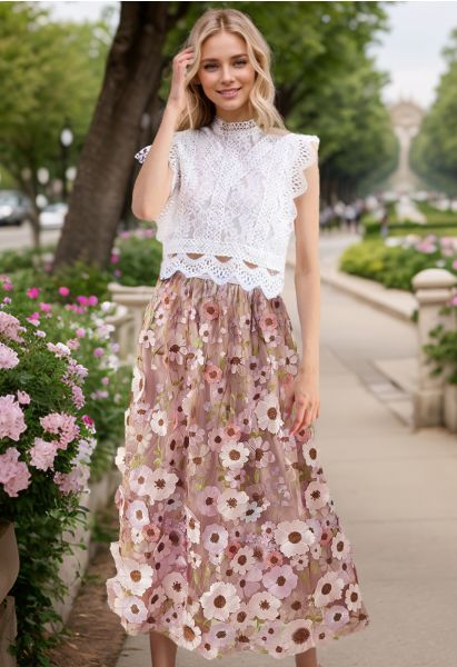 3D Floral Applique Mesh Tulle Maxi Skirt in Dusty Pink