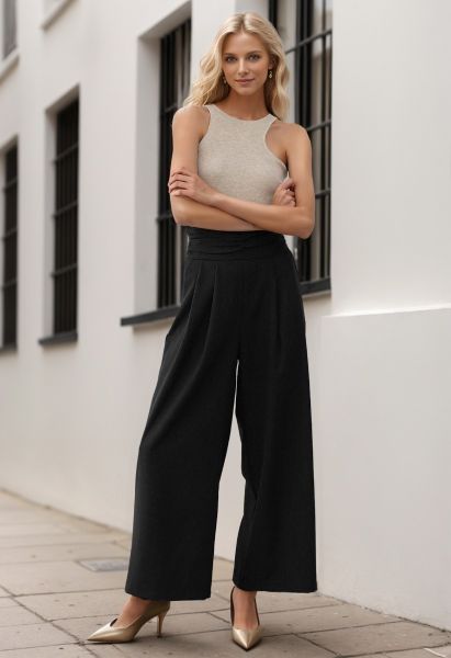 Ruched High Waist Pleated Wide-Leg Pants in Black