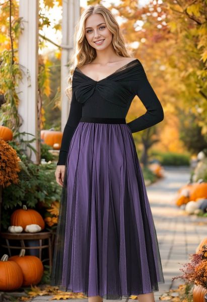 Mixture Color Panelled Tulle Maxi Skirt in Purple