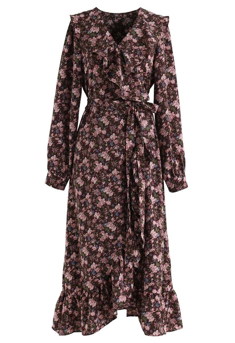 Floral Ruffle Bowknot Wrap Dress in Brown
