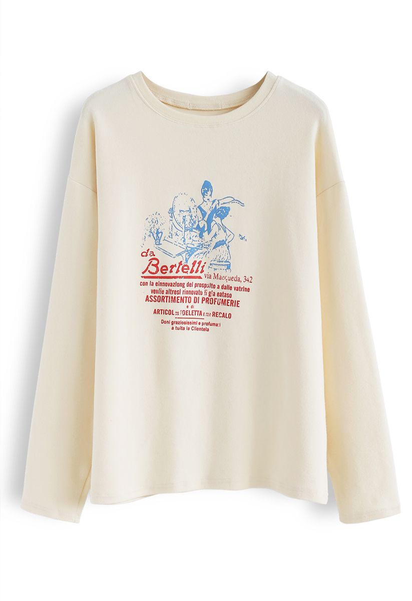 Colored Cartoon Print Loose Sweatshirt in Cream