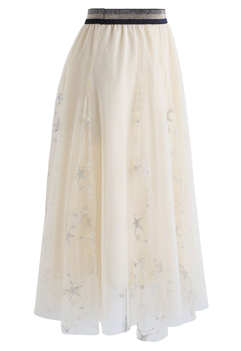 Sequined Embroidered Star Mesh Tulle Skirt in Cream