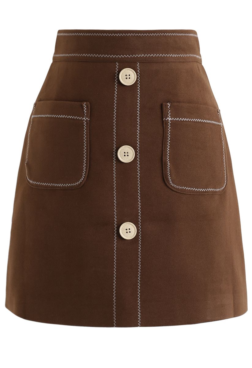 Contrasted Pockets Buttoned Mini Skirt in Brown