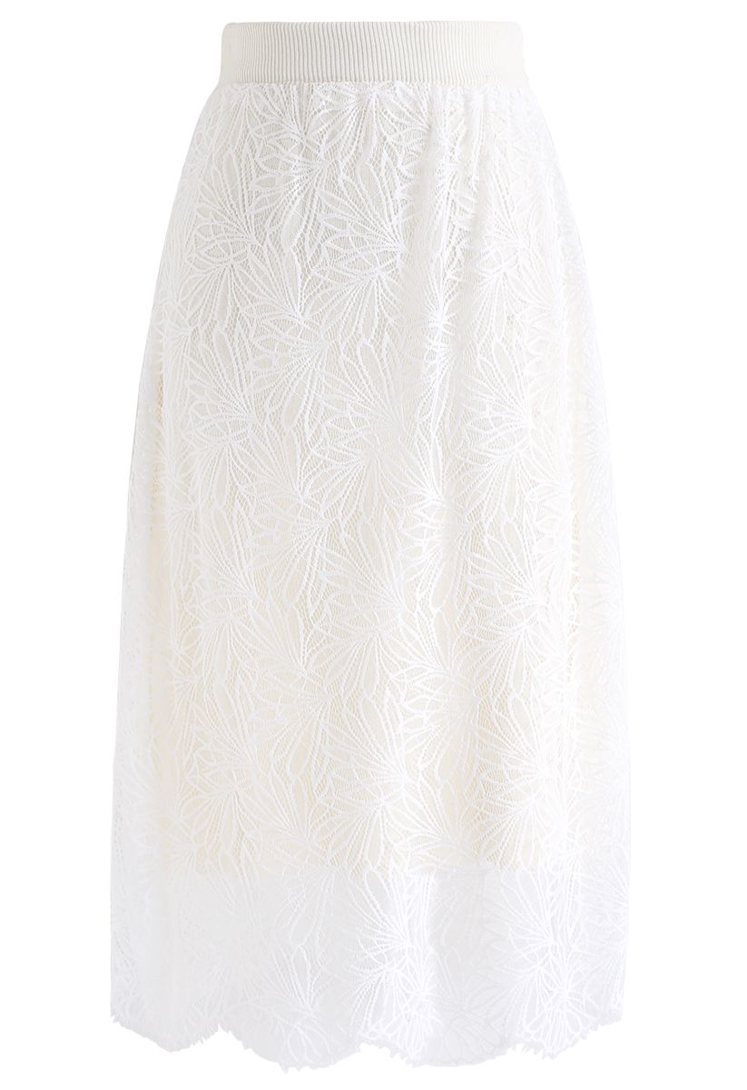 Lace Hem Reversible Knit Skirt in White