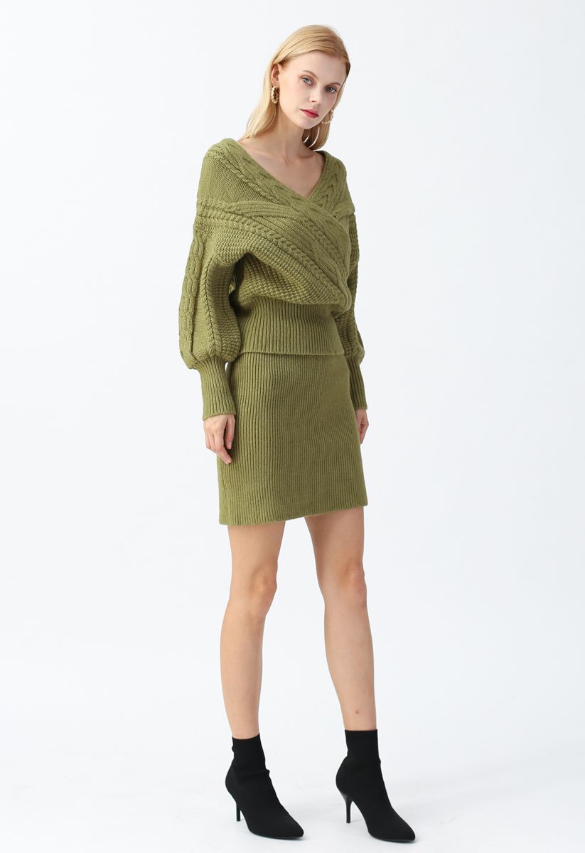 Fluffy Texture Knit Skirt in Army Green
