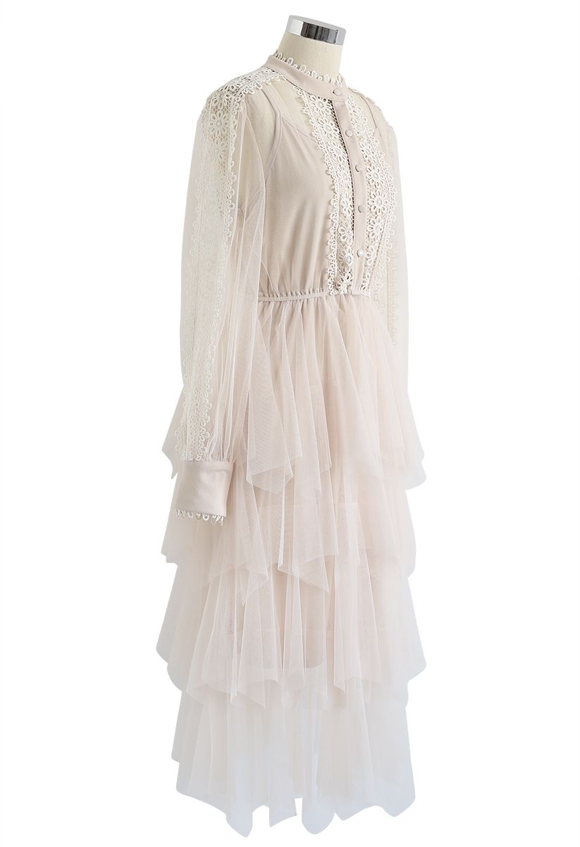 Lacy Sleeves Tiered Mesh Dress in Cream