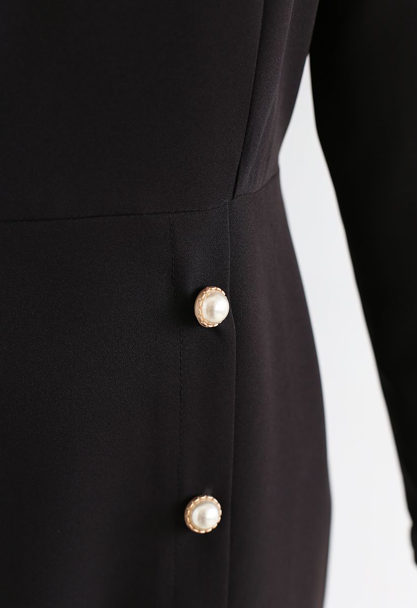 Pearls Embellished Split Ruffle Dress in Black