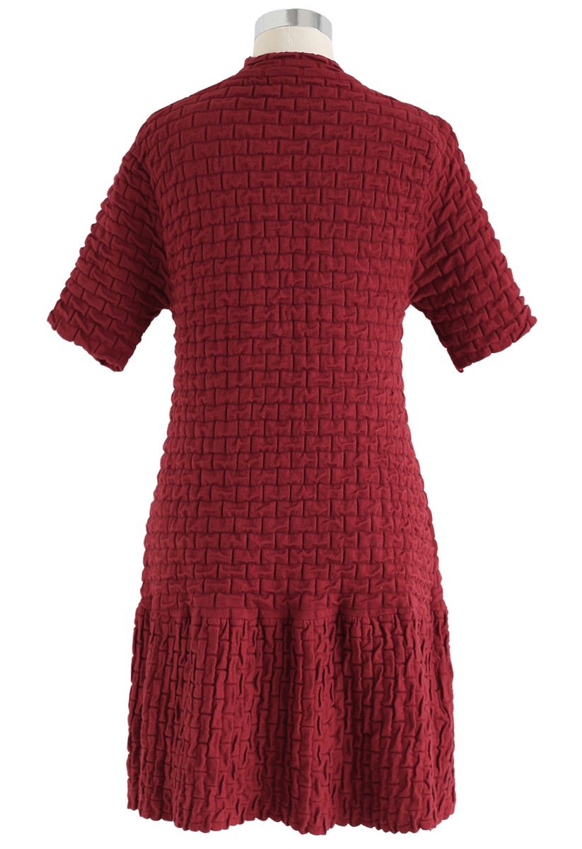 Embossed Frill Hem Knit Dress in Red