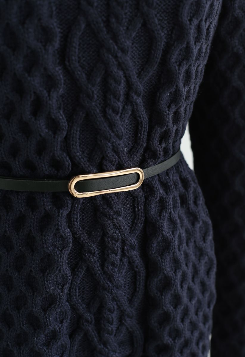 Braid Texture Belted Frill Hem Knit Dress in Navy