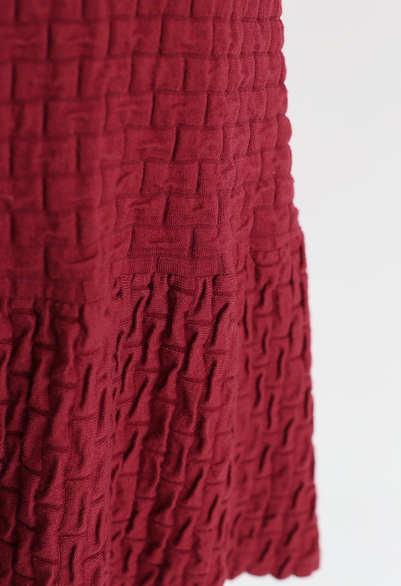 Embossed Frill Hem Knit Dress in Red