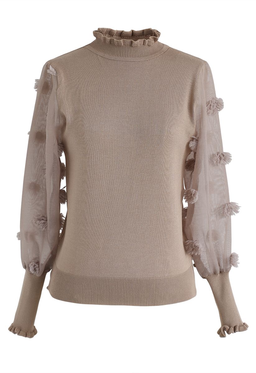 Cotton Candy Sheer Sleeves Knit Top in Taupe
