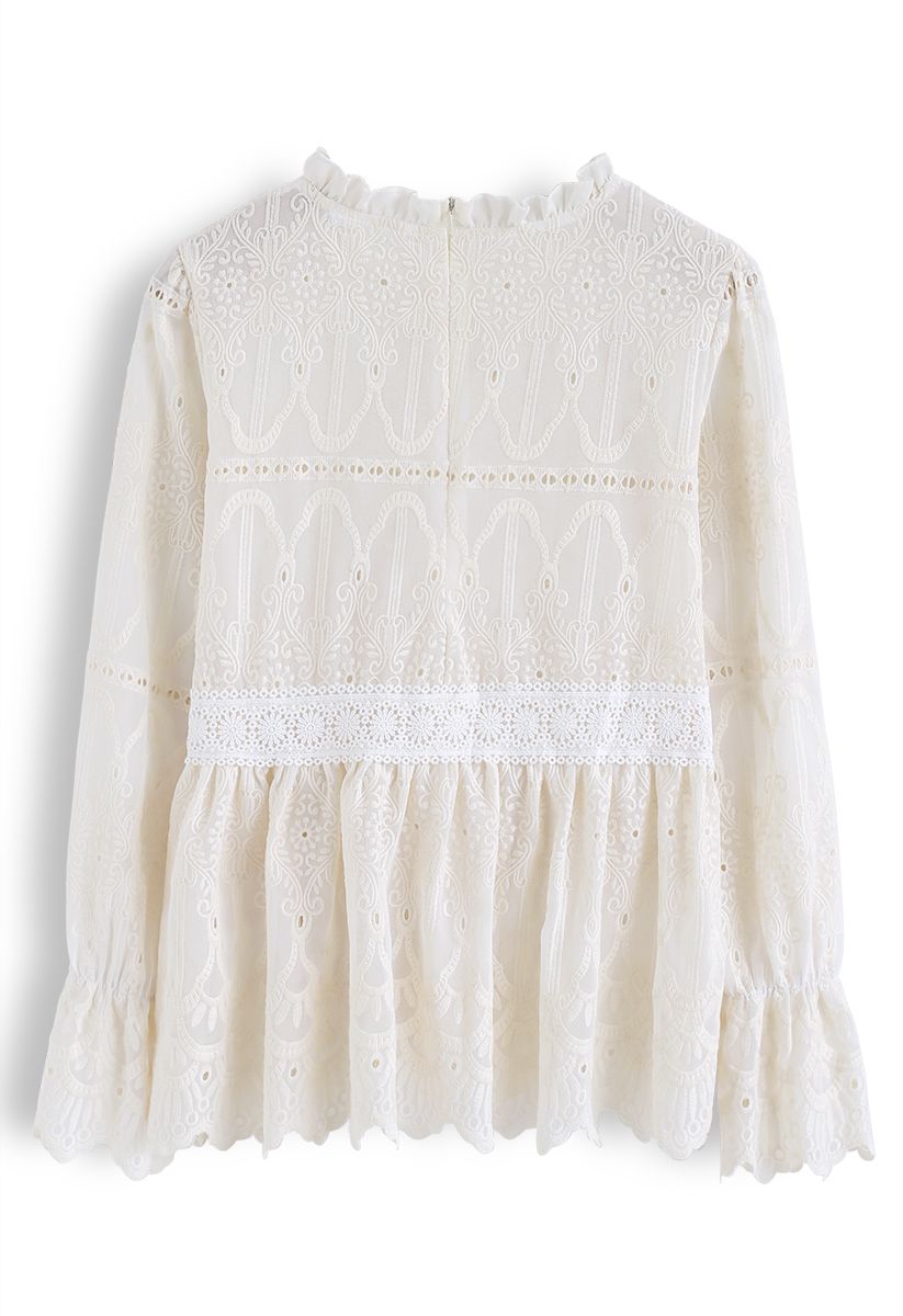 Creamy Full Embroidery Semi-Sheer Dolly Top
