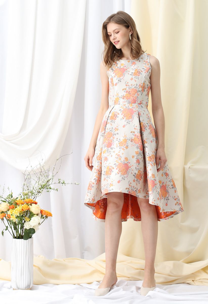 Sweet Orange Bouquets Jacquard Hi-Lo Dress