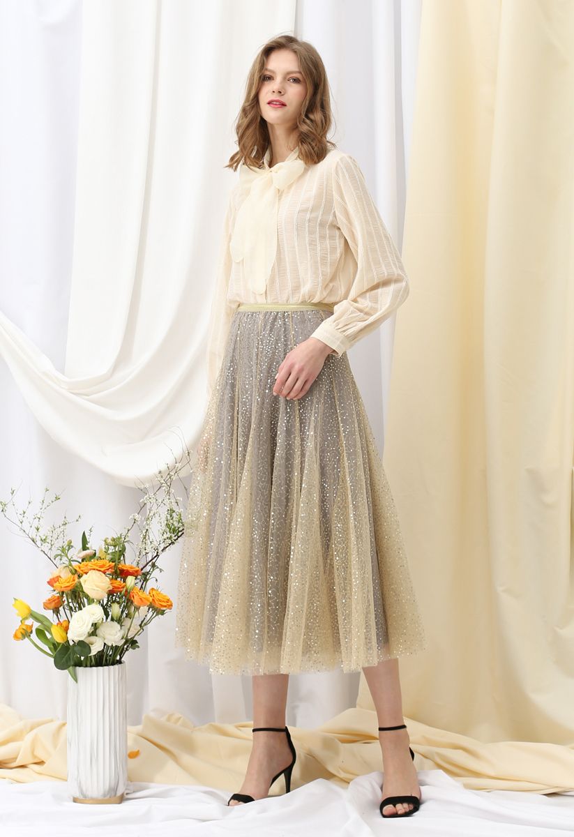 Shimmer Sequins Embroidered Mesh Tulle Pleated Skirt 
