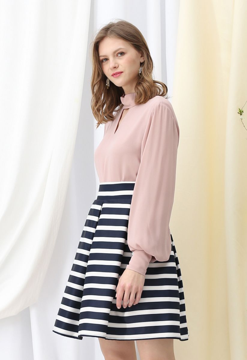 Adorable Stripe Pleated A-Line Midi Skirt
