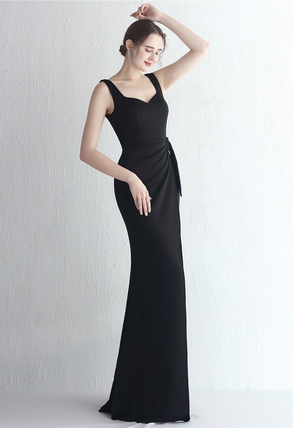 Ruched Waist High Slit Gown in Black