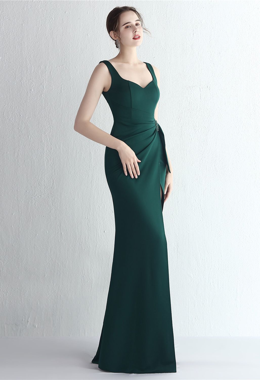 Ruched Waist High Slit Gown in Emerald