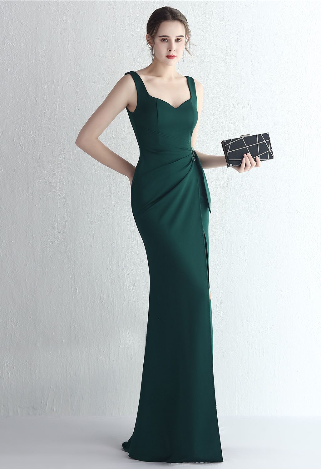 Ruched Waist High Slit Gown in Emerald