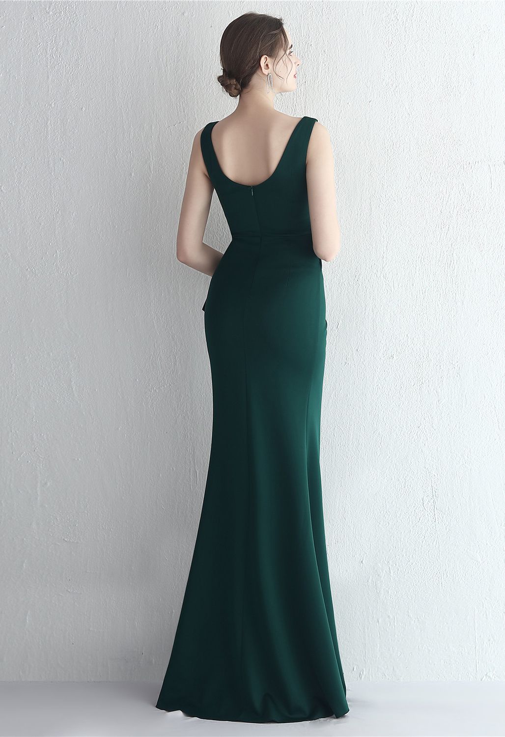 Ruched Waist High Slit Gown in Emerald