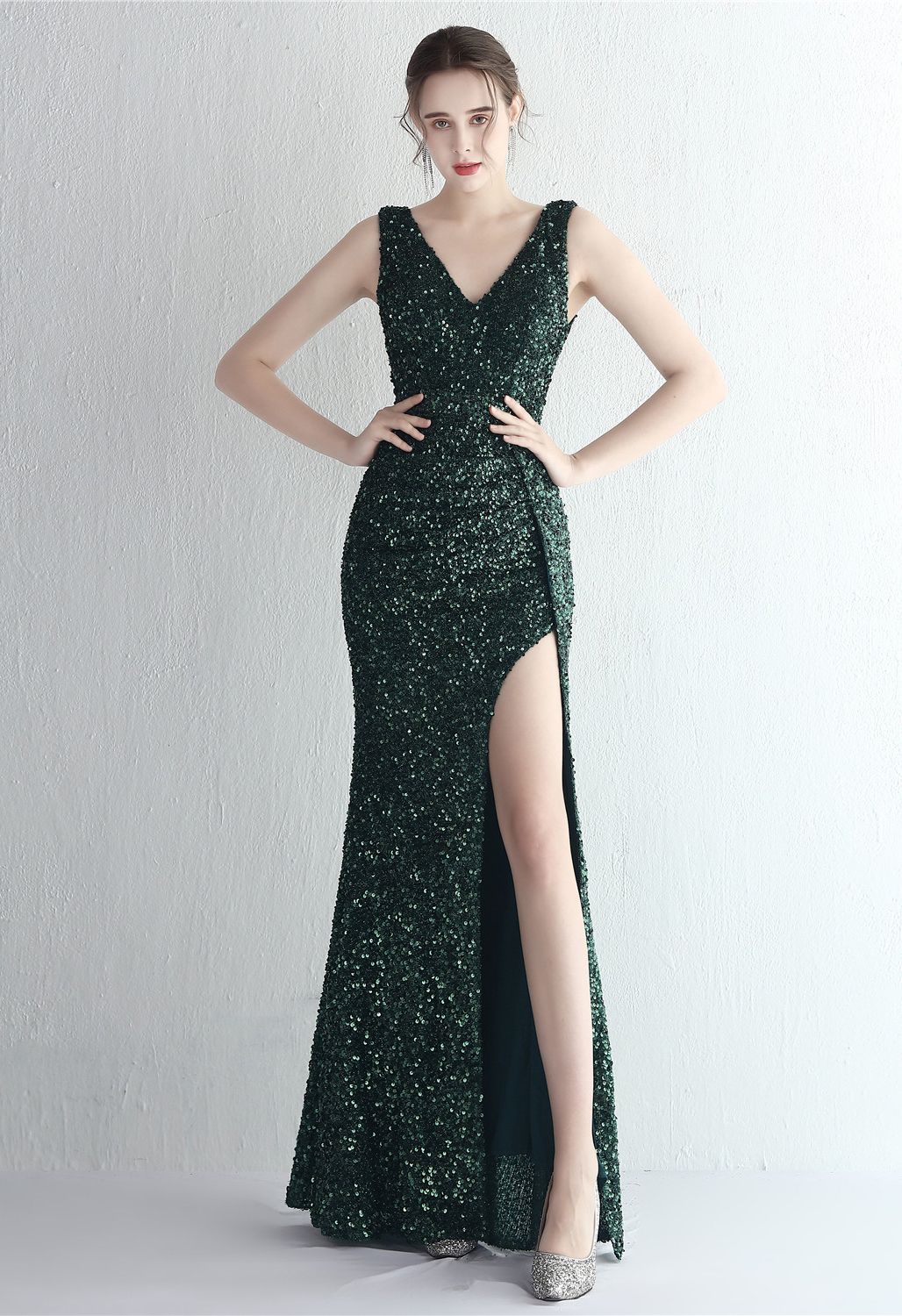 Glittering Sequin V-Neck Slit Gown in Emerald
